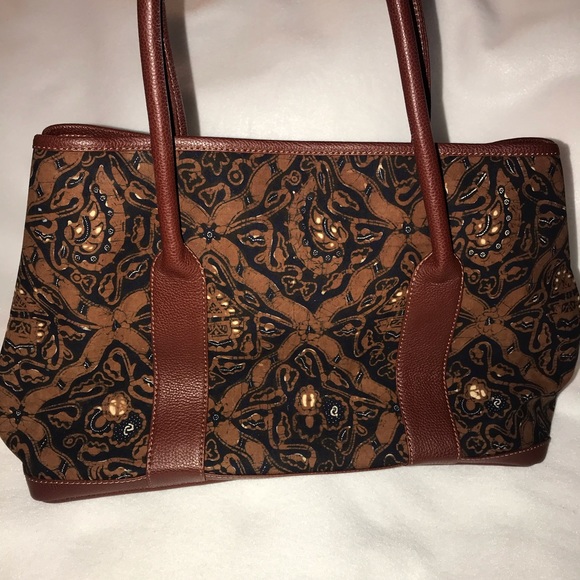 Brand new dark brown leather ethnic Batik Tote Bag - Picture 4 of 8